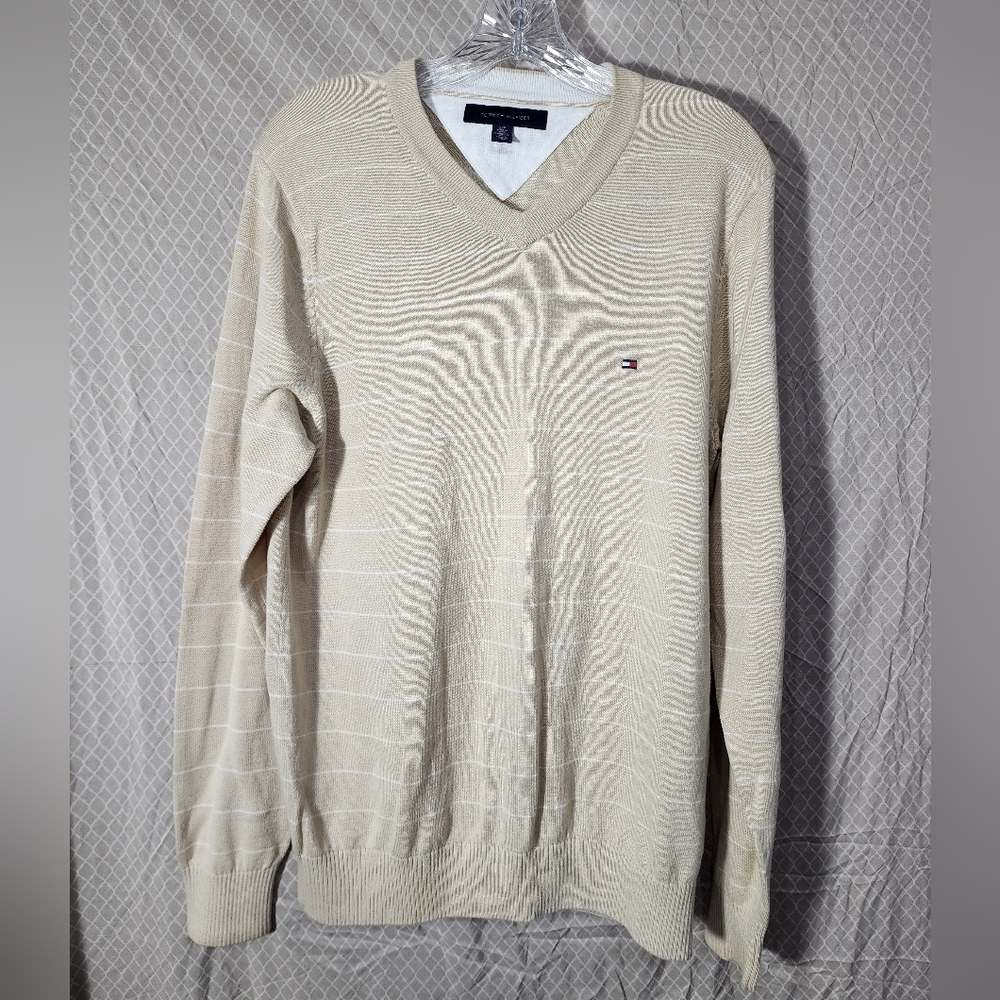 Vintage Tommy Hilfiger Tan/Cream V-Neck Sweater Men's Small Used Great Shape